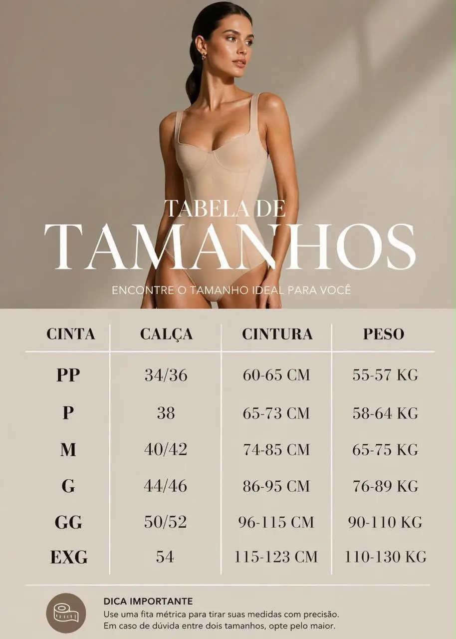 Tabela de medidas cintas modeladoras